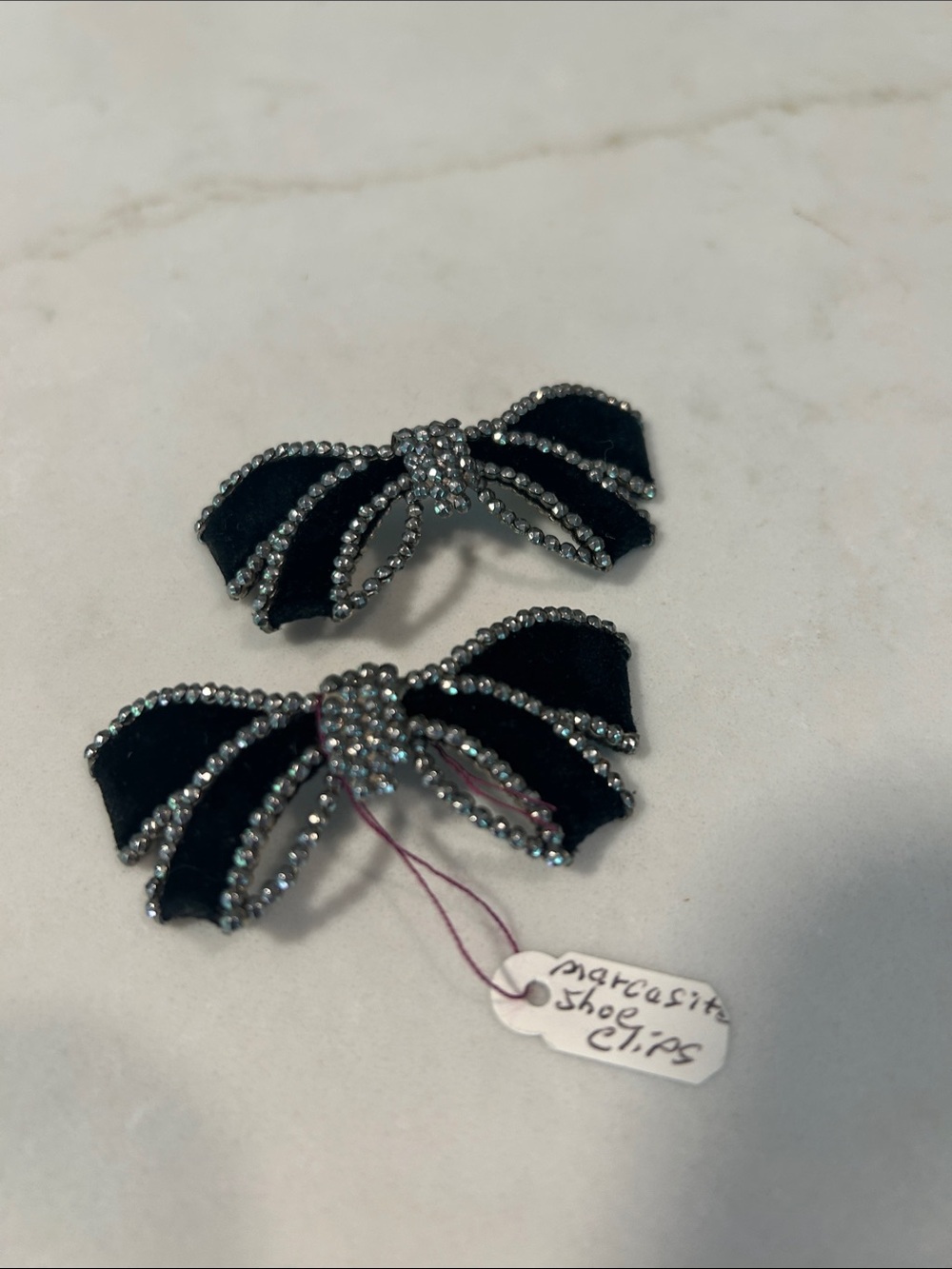 LWParis Vintage Black Velvet Bow Shoe Clips with Marcasite trim